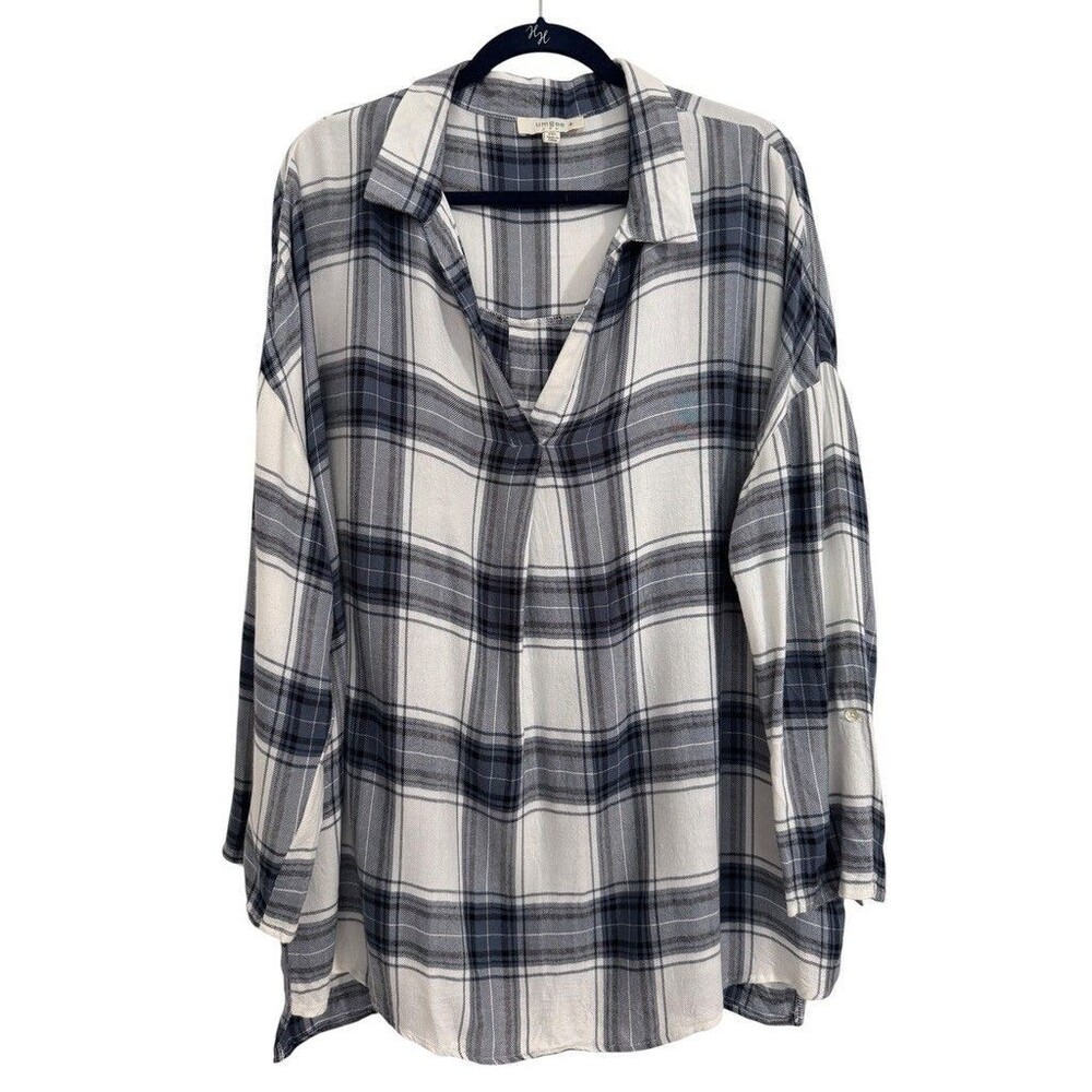 Umgee Tunic Top Women 2XL Blue White Plaid Roll Tab Sleeve Contemporary Bohemian
